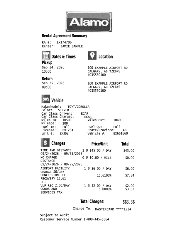 Alamo Receipt editable example