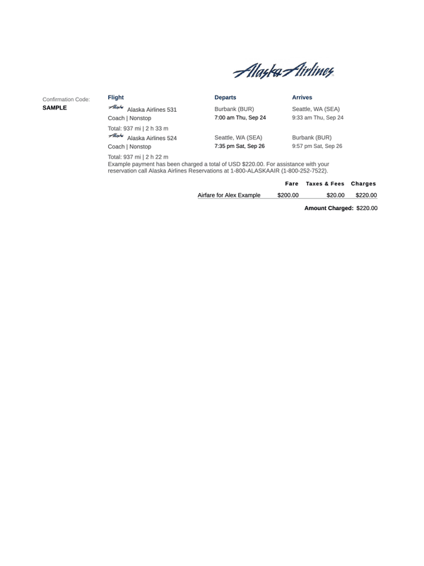 Alaska Airlines Receipt editable example