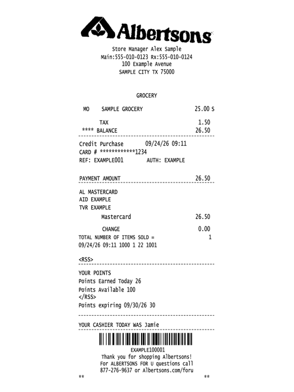 Albertsons Store Receipt editable example