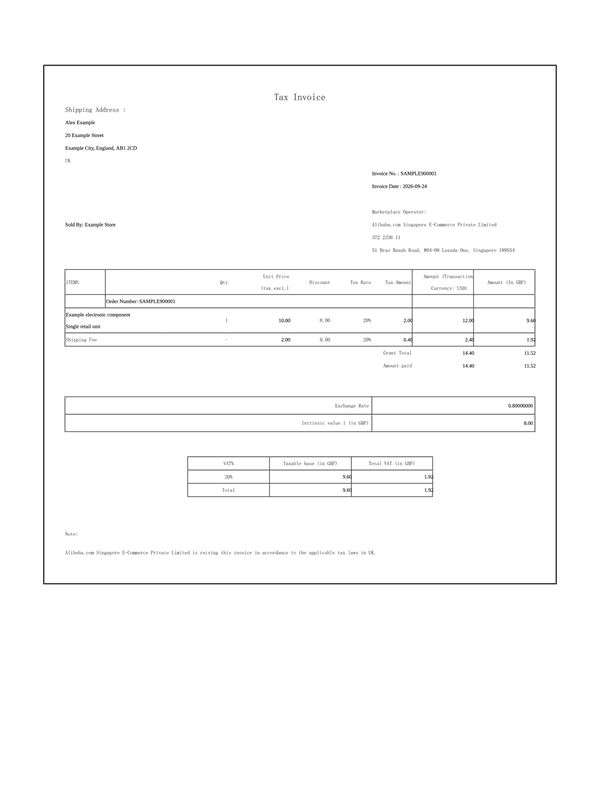 AliExpress Paid Tax Invoice editable example