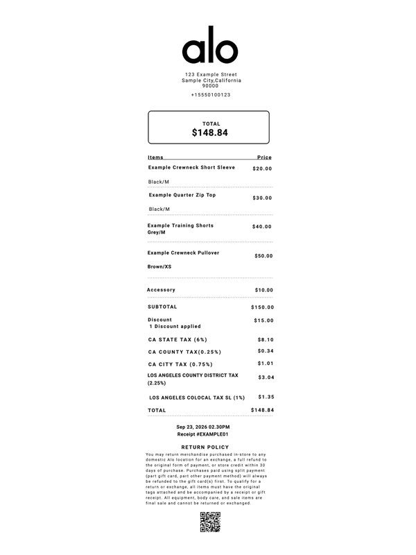 Alo Receipt editable example