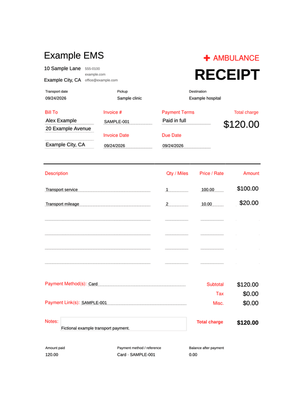 Ambulance Transport Receipt editable example