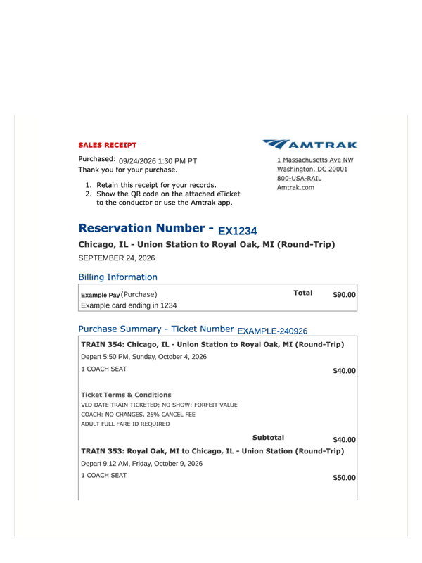 Amtrak Receipt editable example