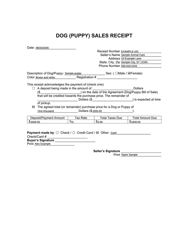 Animal Sale Receipt editable example