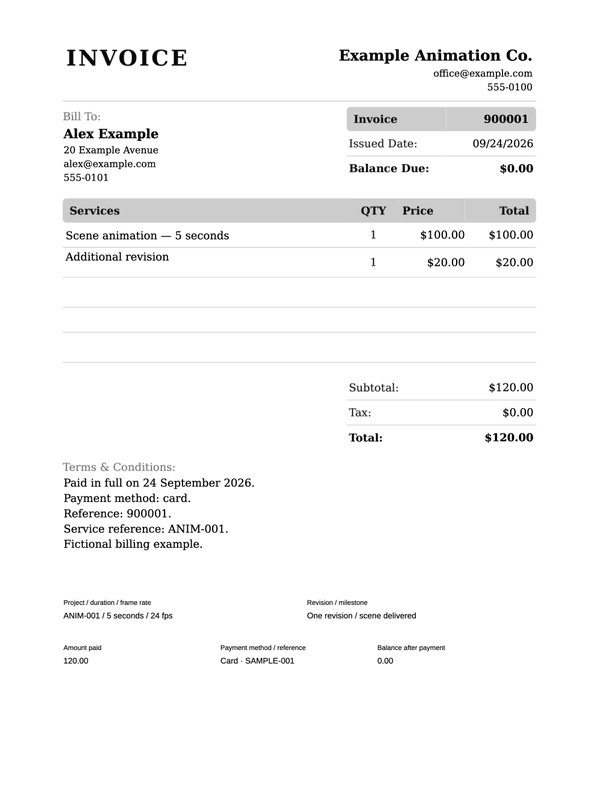 Animation Production Receipt editable example
