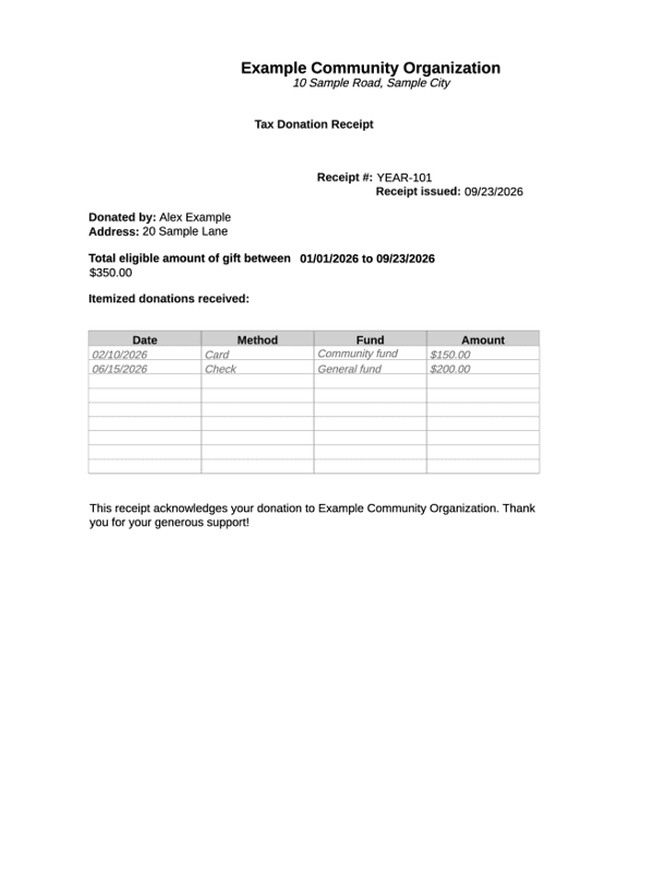 Annual Donation Statement editable example