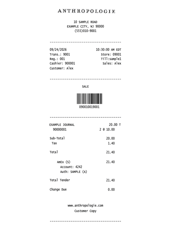 Anthropologie Receipt editable example