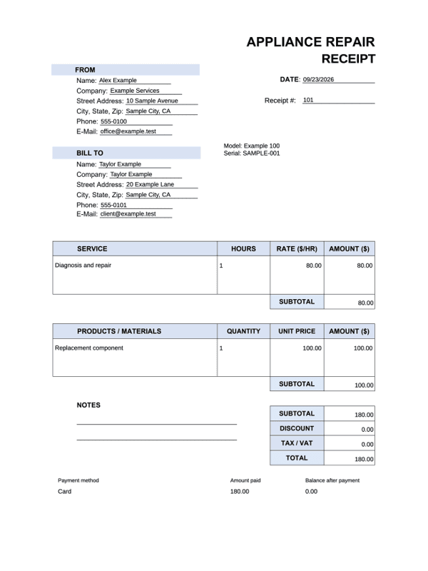 Appliance Repair Receipt editable example
