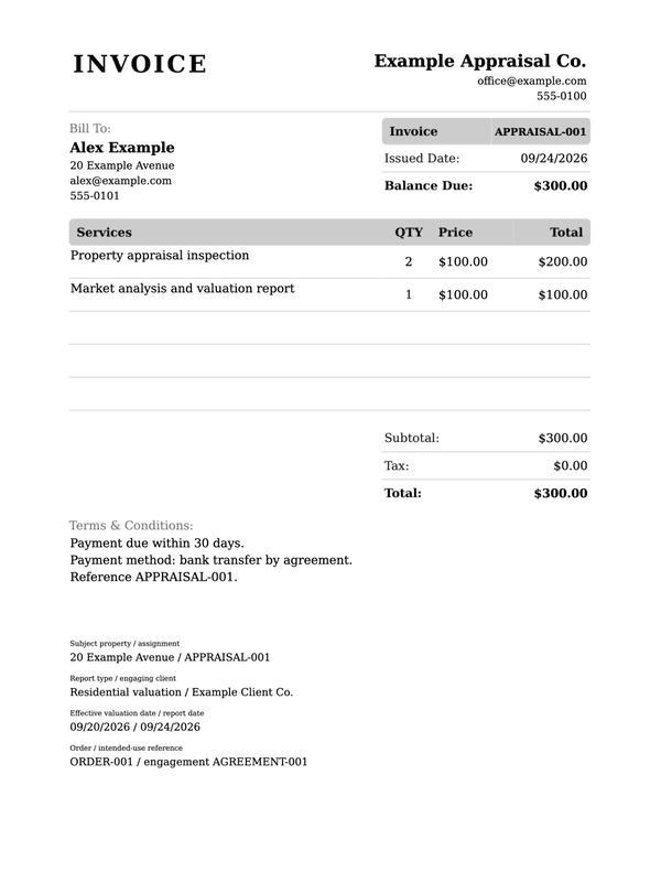 Appraisal Service Invoice editable example
