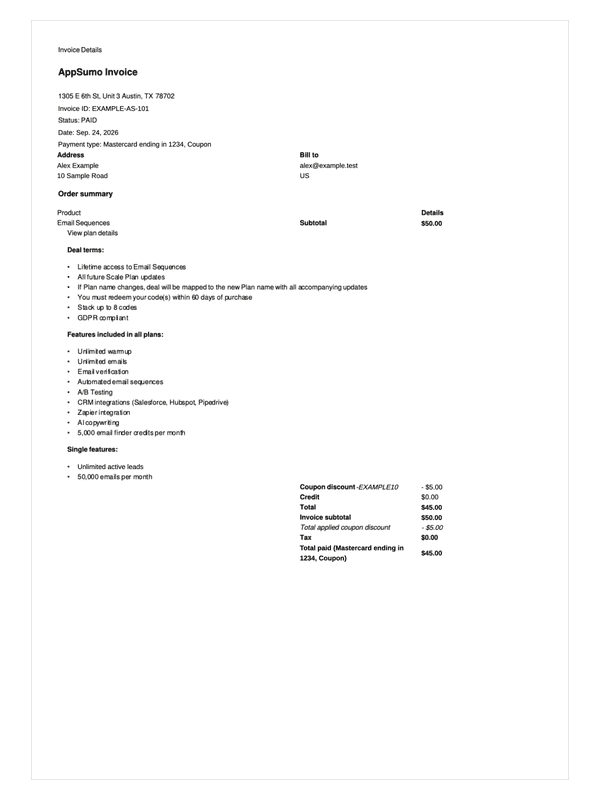 AppSumo Purchase Invoice editable example