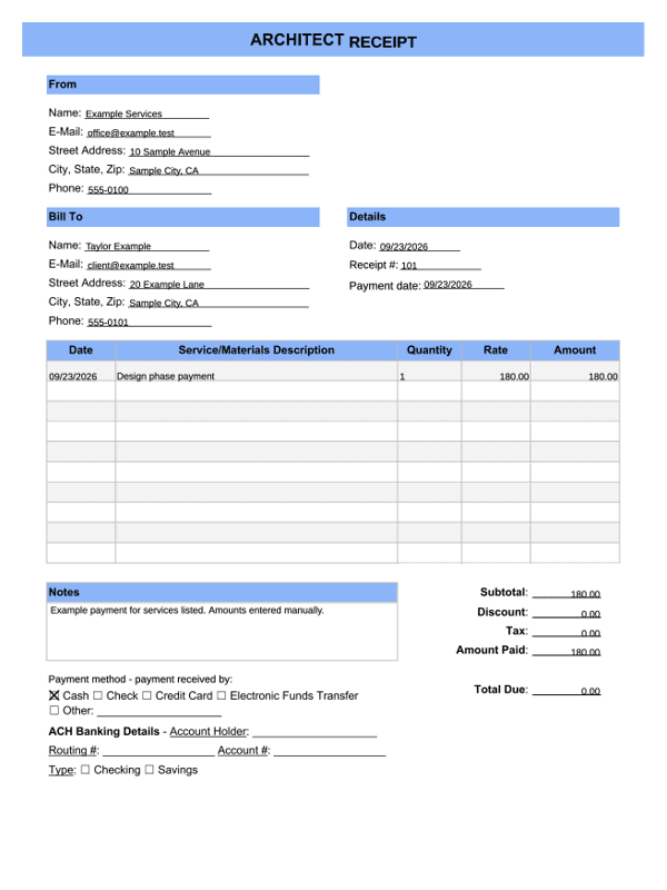 Architect Payment Receipt editable example