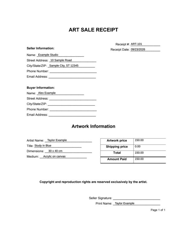 Art Sale Receipt editable example