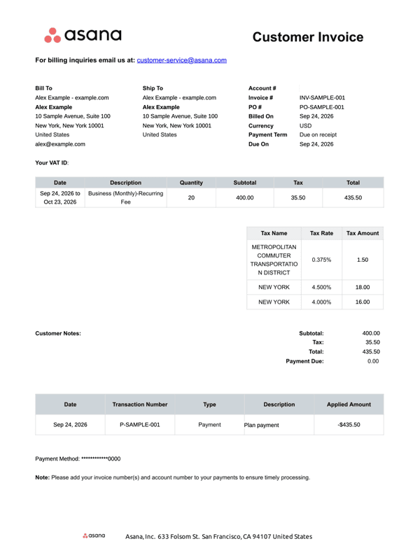 Asana Subscription Invoice editable example