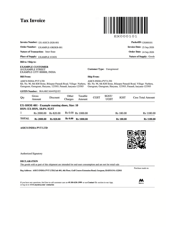 ASICS Receipt editable example