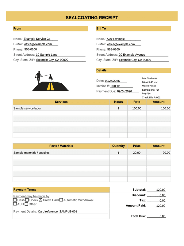 Asphalt and Sealcoating Receipt editable example