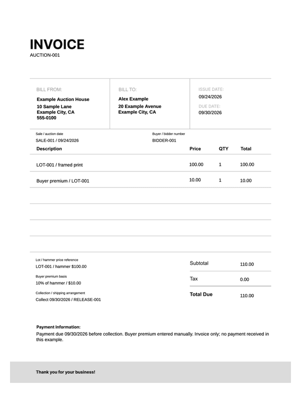 Auction Purchase Invoice editable example
