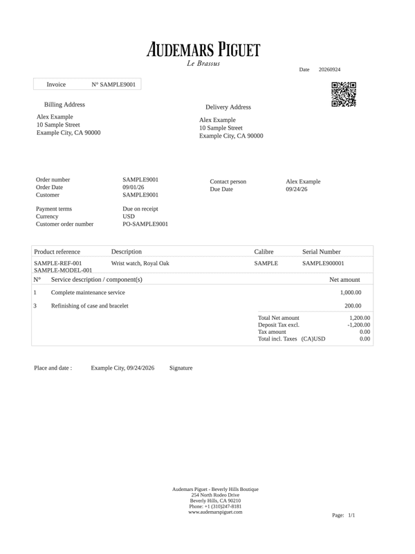 Audemars Piguet Receipt editable example