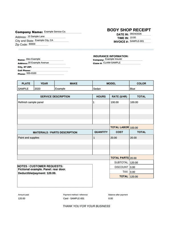 Auto Body Repair Receipt editable example