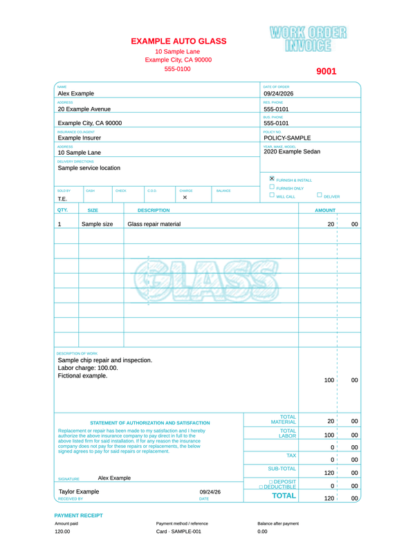 Auto Glass Repair Receipt editable example