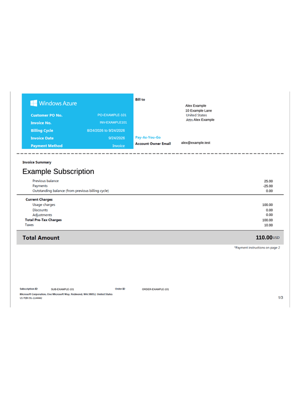 Azure Pay-As-You-Go Invoice editable example