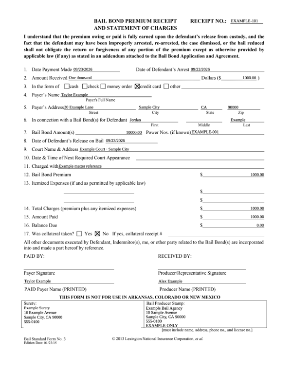 Bail Bond Premium Receipt editable example