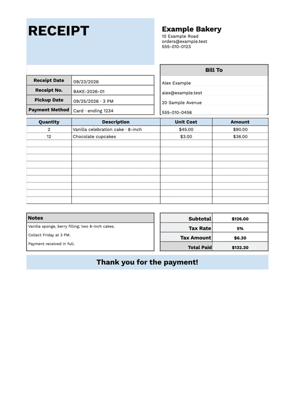 Bakery Receipt editable example
