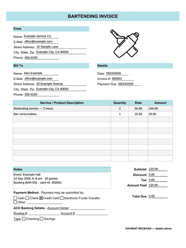 Bartending Service Receipt editable example