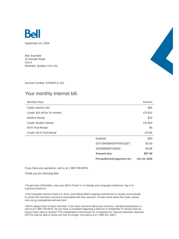 Bell Canada Internet Bill editable example