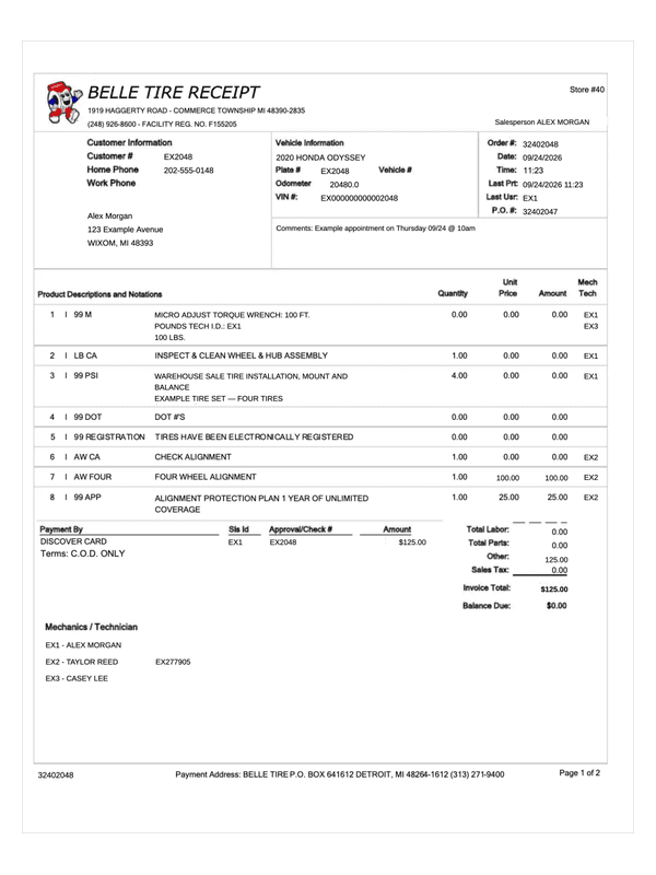 Belle Tire Receipt and Certification editable example