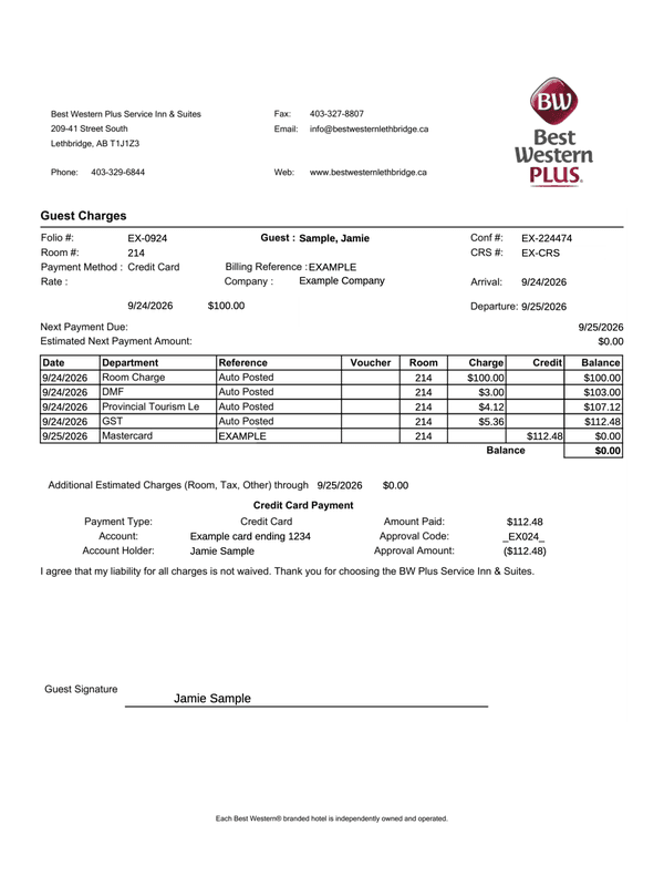 Best Western Hotel Receipt editable example