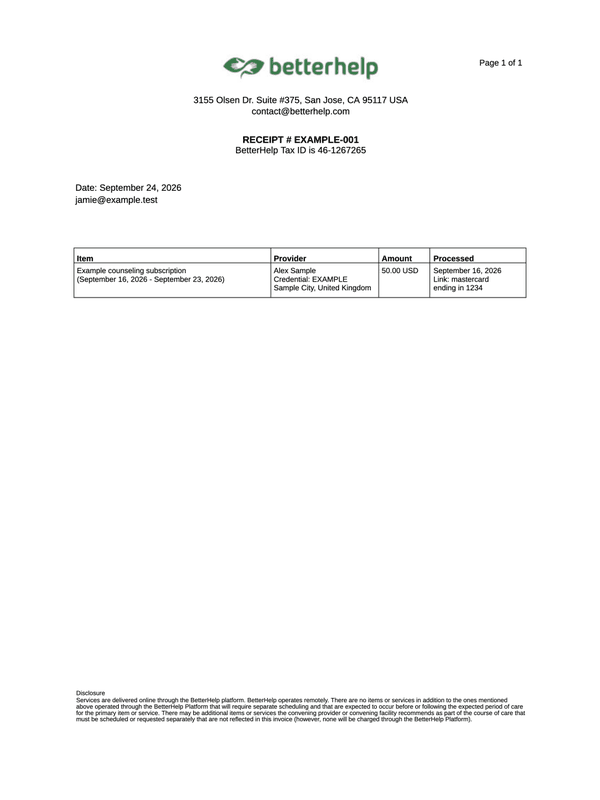 BetterHelp Subscription Receipt editable example