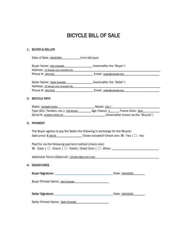 Bicycle Sale Receipt editable example