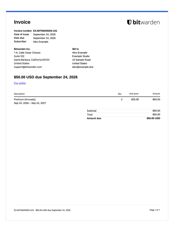 Bitwarden Invoice editable example