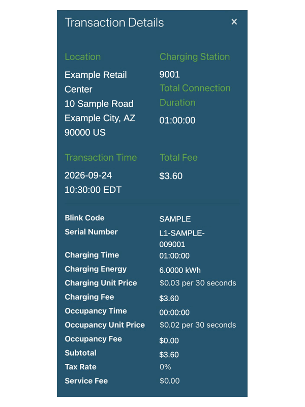 Blink Charging Transaction Summary editable example