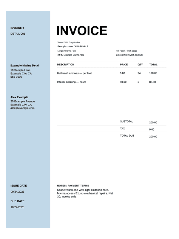 Boat Detailing Invoice editable example