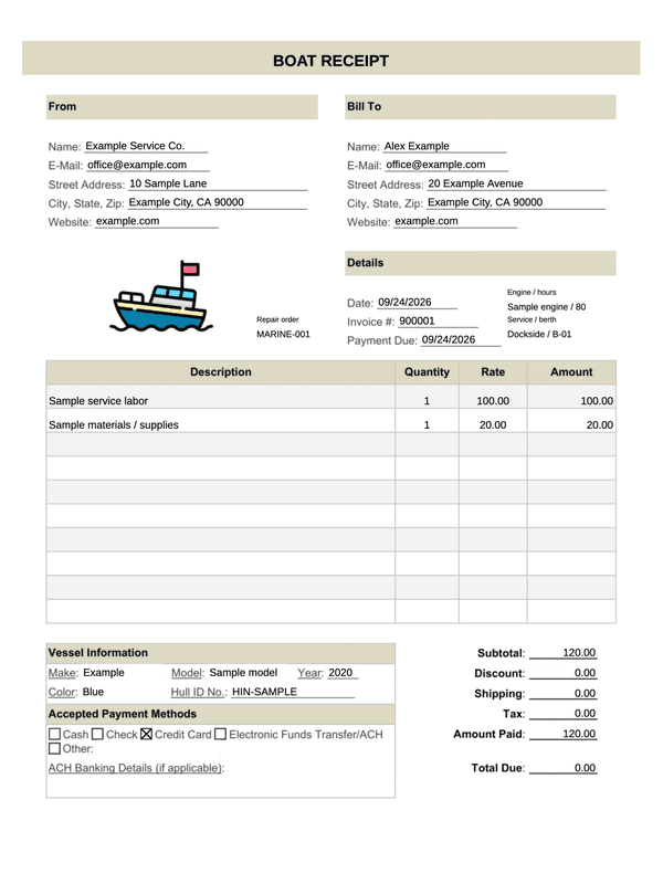 Boat Repair Receipt editable example