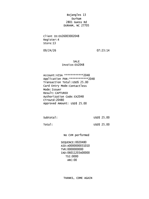 Bojangles Card Payment Receipt editable example