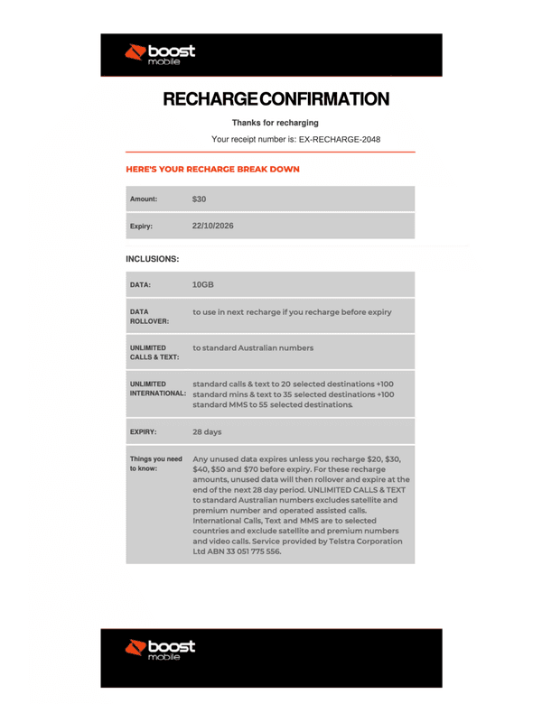 Boost Mobile Recharge Receipt editable example