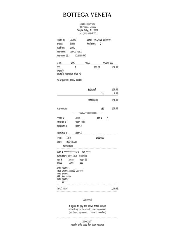 Bottega Veneta Store Receipt editable example