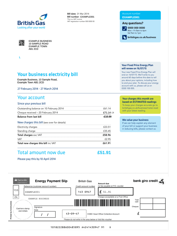 British Gas Business Bill editable example