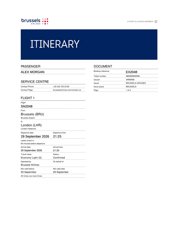 Brussels Airlines Itinerary and Receipt editable example