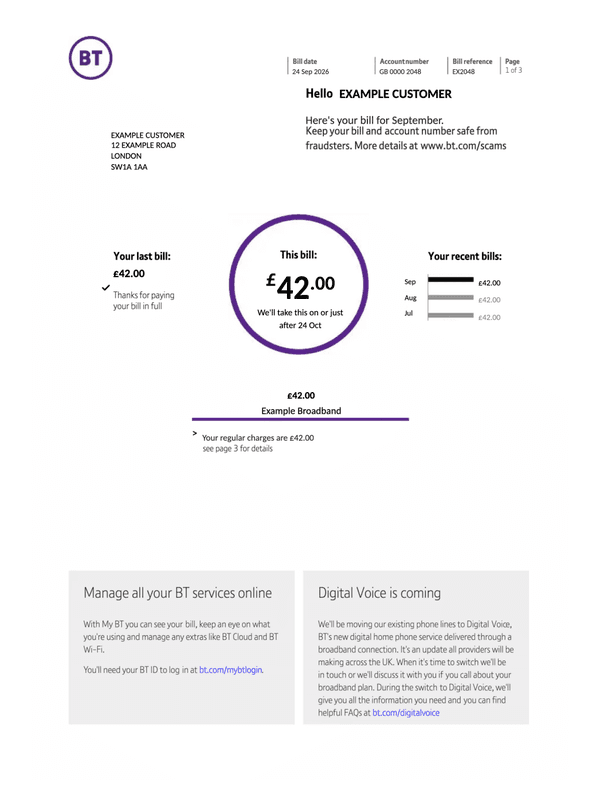 BT Broadband Bill editable example