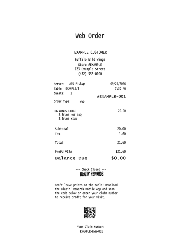Buffalo Wild Wings Receipt editable example