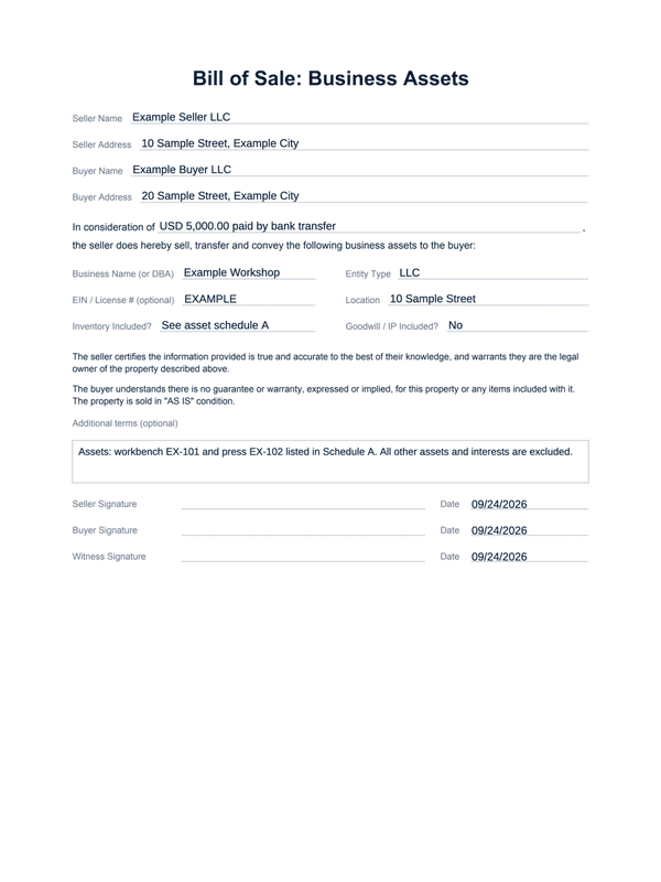 Business Asset Sale Receipt editable example