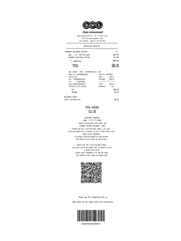 BWS Duplicate Tax Invoice editable example