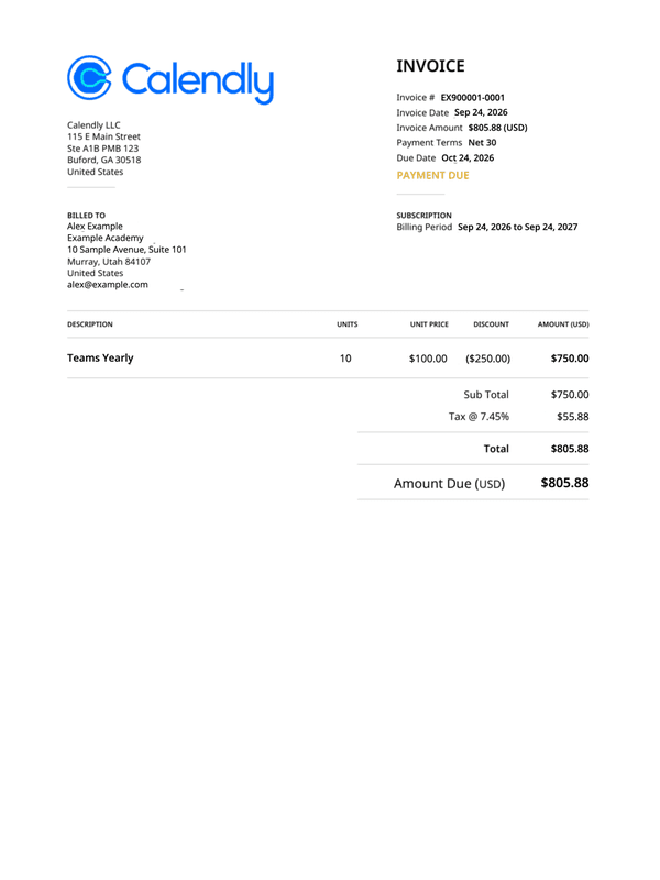 Calendly Teams Invoice editable example