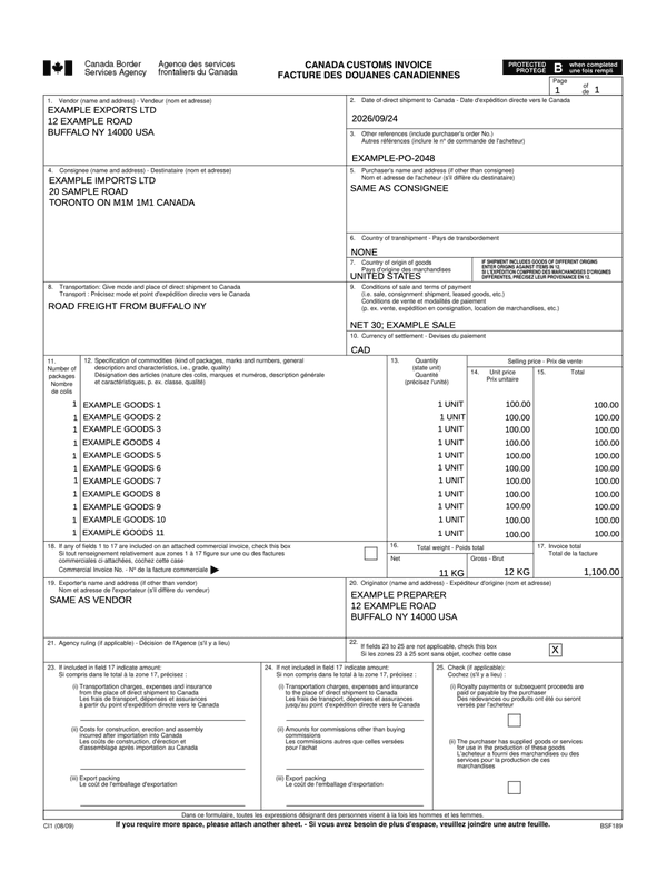 Canada Customs Invoice editable example