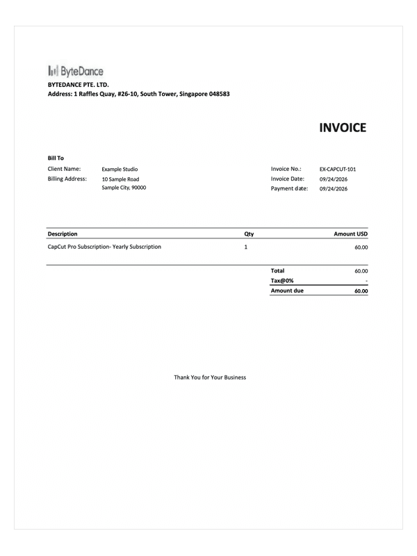 CapCut Subscription Invoice editable example