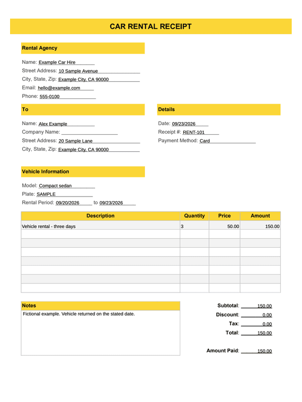 Car Rental Receipt editable example