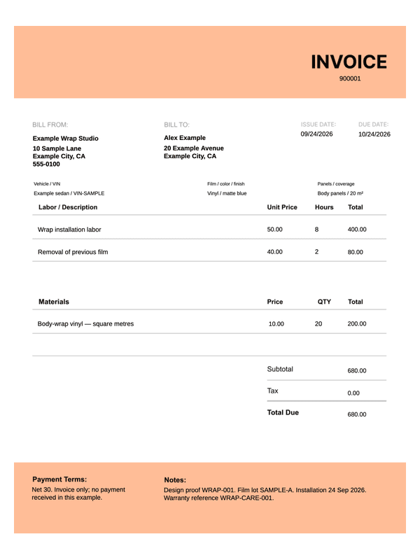 Car Wrap Invoice editable example